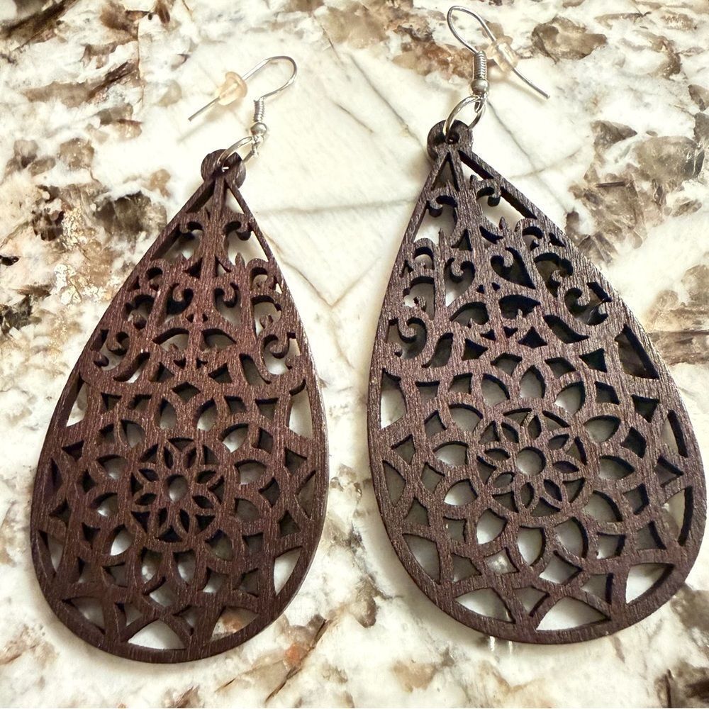 Boho Wooden Teardrop Earrings – Lightweight Cutout Design | Women